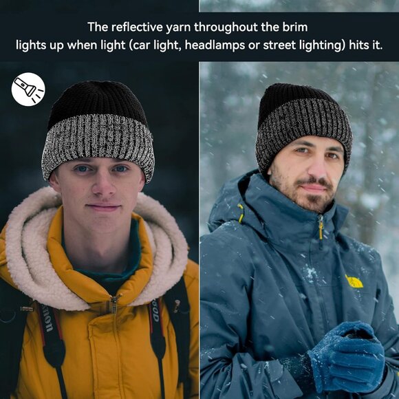 ✨ Women Black Reflective Beanie Hat Warm Cuffed Winter Knit Hat Sports High Cap main image 6